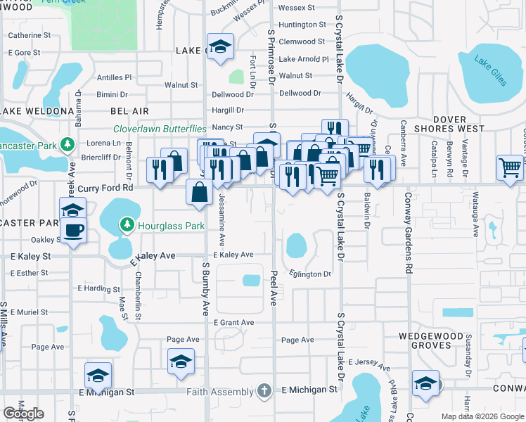 map of restaurants, bars, coffee shops, grocery stores, and more near 2697 Orange Peel Court in Orlando