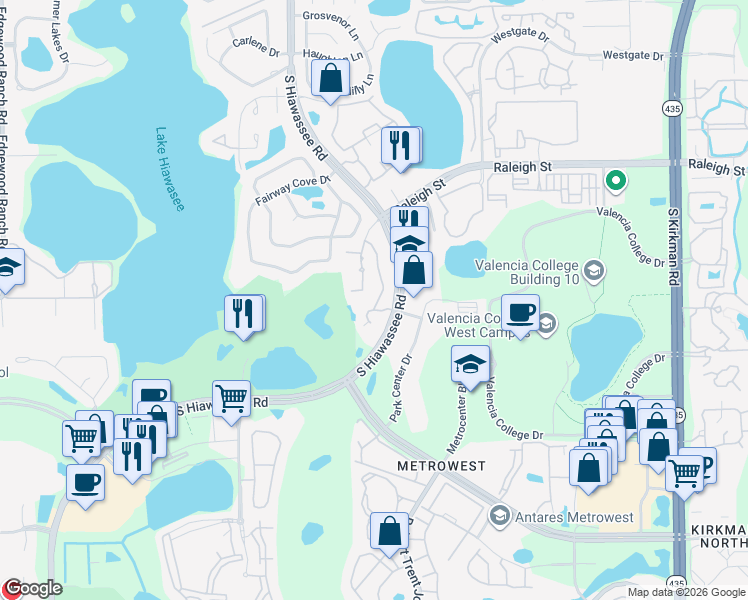 map of restaurants, bars, coffee shops, grocery stores, and more near 1624 South Hiawassee Road in Orlando