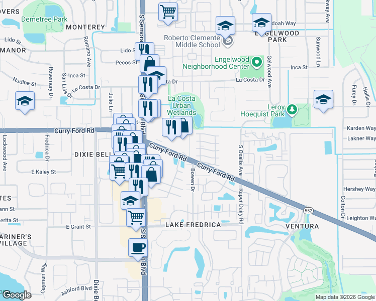 map of restaurants, bars, coffee shops, grocery stores, and more near 5905 Clydesdale Place in Orlando