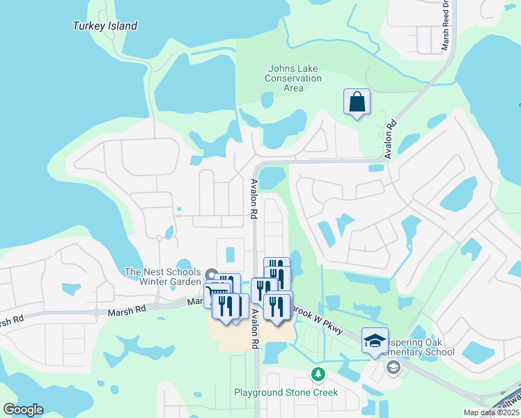 map of restaurants, bars, coffee shops, grocery stores, and more near 1477 Priory Circle in Winter Garden