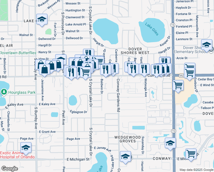 map of restaurants, bars, coffee shops, grocery stores, and more near 1724 Crocker Avenue in Orlando