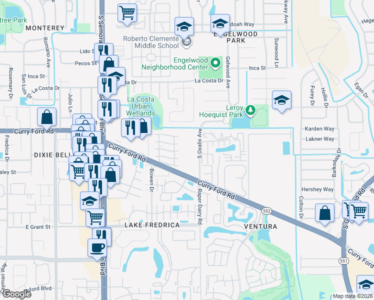 map of restaurants, bars, coffee shops, grocery stores, and more near 5953 Curry Ford Road in Orlando