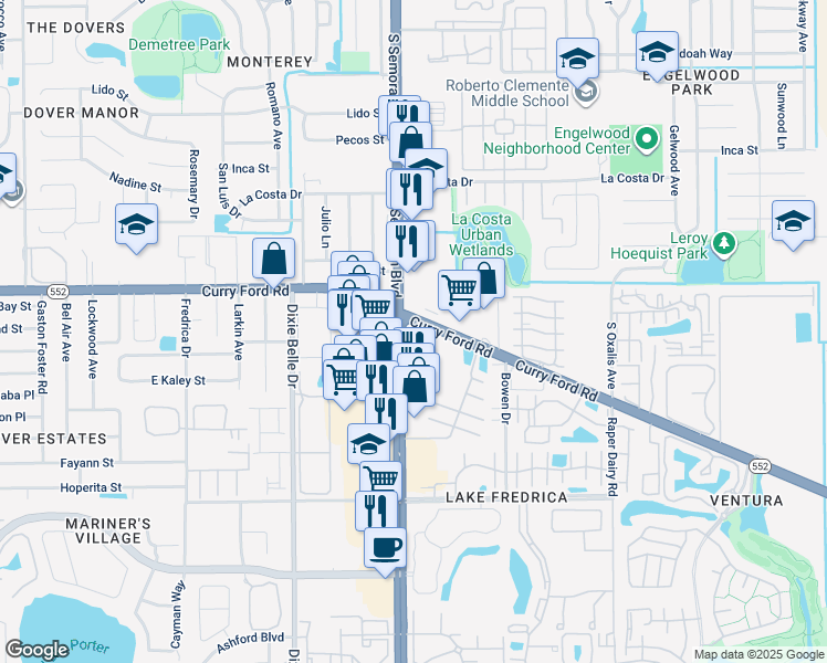 map of restaurants, bars, coffee shops, grocery stores, and more near 1600-1874 S Semoran Blvd in Orlando