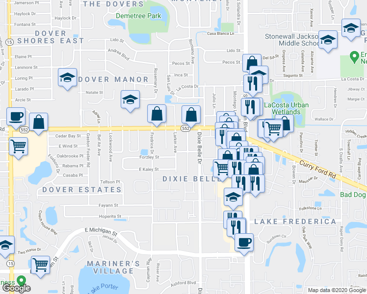 map of restaurants, bars, coffee shops, grocery stores, and more near 1805 Larkin Avenue in Orlando