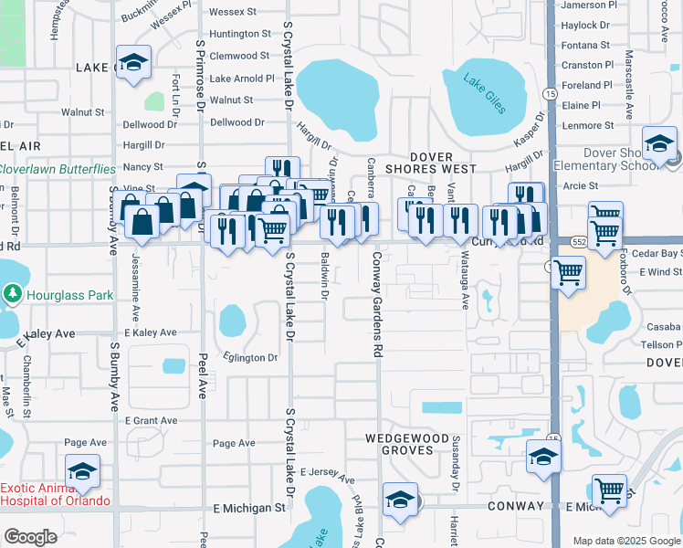 map of restaurants, bars, coffee shops, grocery stores, and more near 1724 Crocker Avenue in Orlando