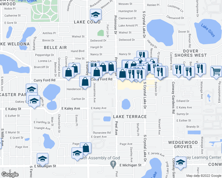 map of restaurants, bars, coffee shops, grocery stores, and more near 2697 Orange Peel Court in Orlando