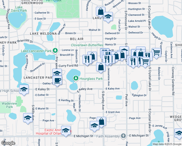 map of restaurants, bars, coffee shops, grocery stores, and more near 2096 Henderson Drive in Orlando