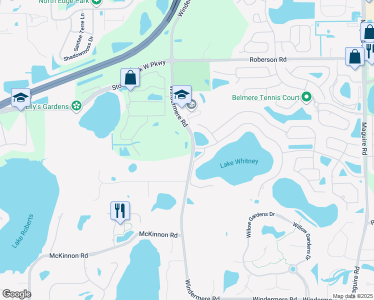 map of restaurants, bars, coffee shops, grocery stores, and more near 1490 Windermere Road in Winter Garden