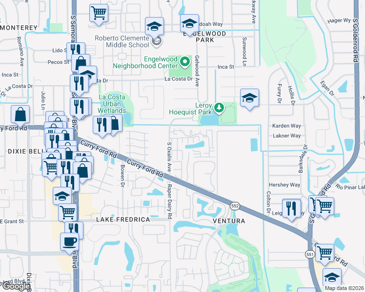 map of restaurants, bars, coffee shops, grocery stores, and more near 1838 Townhall Lane in Orlando
