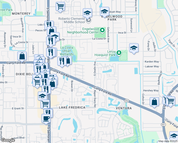 map of restaurants, bars, coffee shops, grocery stores, and more near 5953 Curry Ford Road in Orlando