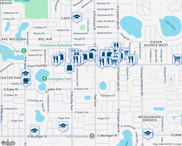 map of restaurants, bars, coffee shops, grocery stores, and more near 2778 Curry Ford Road in Orlando