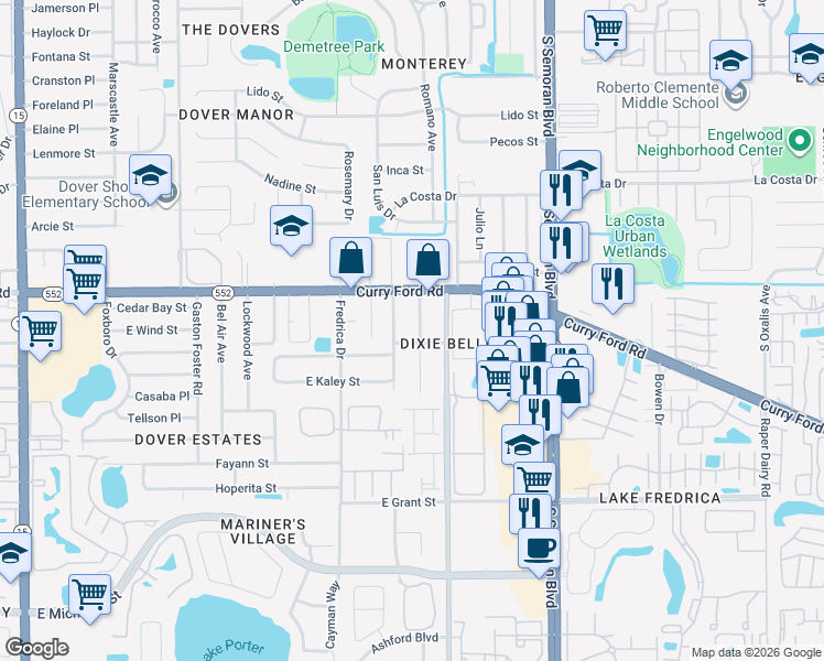 map of restaurants, bars, coffee shops, grocery stores, and more near 1805 Larkin Avenue in Orlando