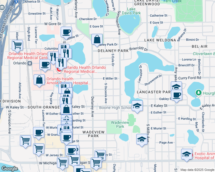 map of restaurants, bars, coffee shops, grocery stores, and more near 1625 South Osceola Avenue in Orlando
