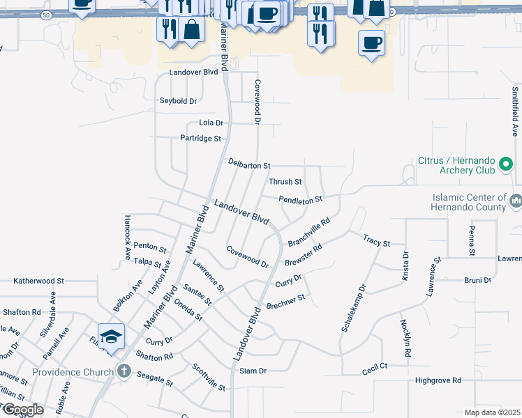 map of restaurants, bars, coffee shops, grocery stores, and more near 6322 Landover Boulevard in Spring Hill
