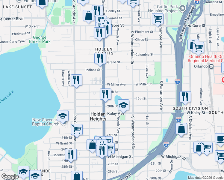 map of restaurants, bars, coffee shops, grocery stores, and more near 1222 18th Street in Orlando