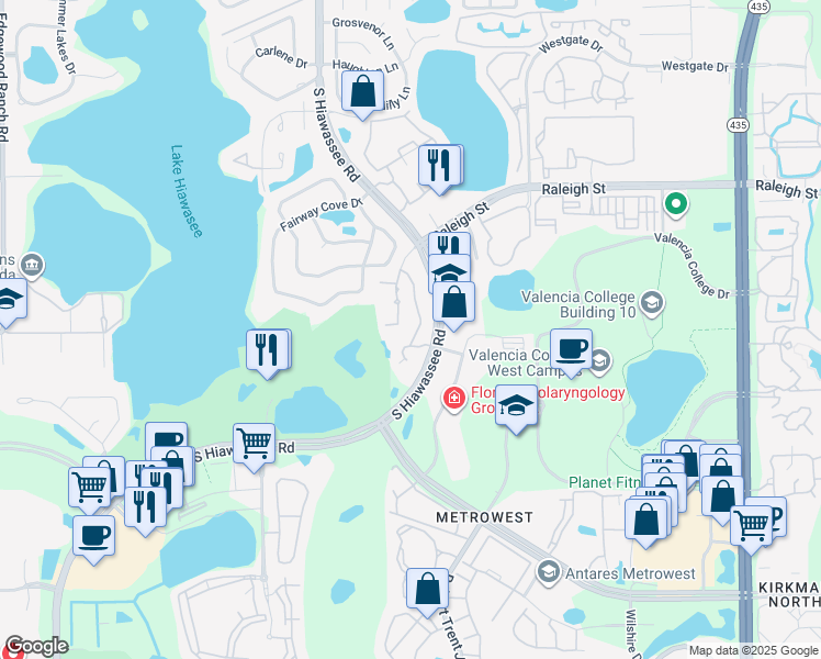 map of restaurants, bars, coffee shops, grocery stores, and more near 1624 South Hiawassee Road in Orlando