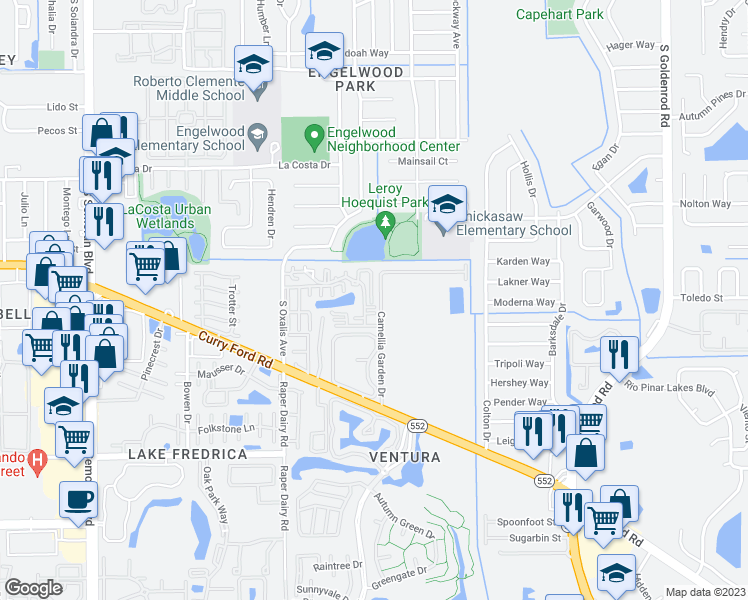 map of restaurants, bars, coffee shops, grocery stores, and more near 1731 Shady Ridge Court in Orlando