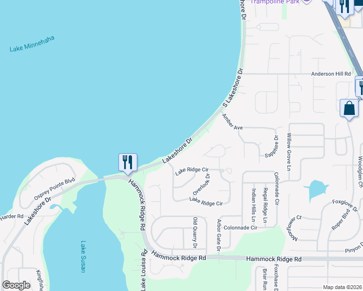 map of restaurants, bars, coffee shops, grocery stores, and more near 12048 Lakeshore Drive in Clermont