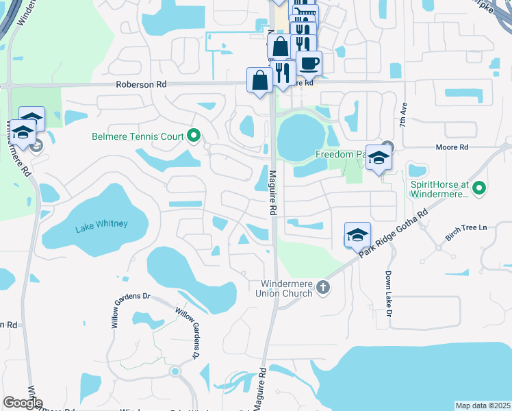 map of restaurants, bars, coffee shops, grocery stores, and more near 11039 Belmere Isles Court in Windermere