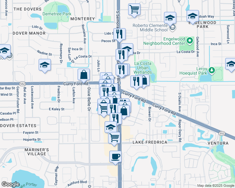 map of restaurants, bars, coffee shops, grocery stores, and more near 1874 South Semoran Boulevard in Orlando