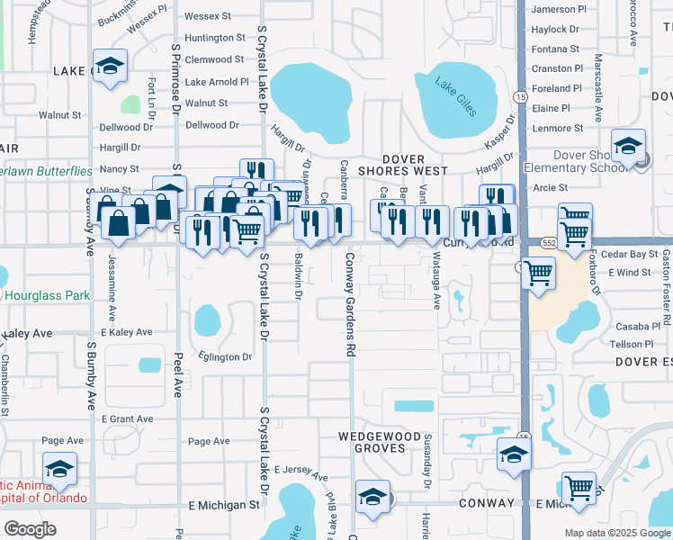 map of restaurants, bars, coffee shops, grocery stores, and more near 1724 Crocker Avenue in Orlando