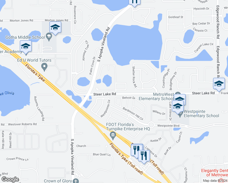 map of restaurants, bars, coffee shops, grocery stores, and more near 8500 Sugar Palm Court in Orlando