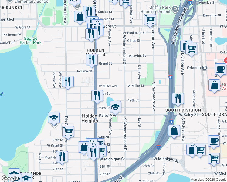 map of restaurants, bars, coffee shops, grocery stores, and more near 1034 18th Street in Orlando