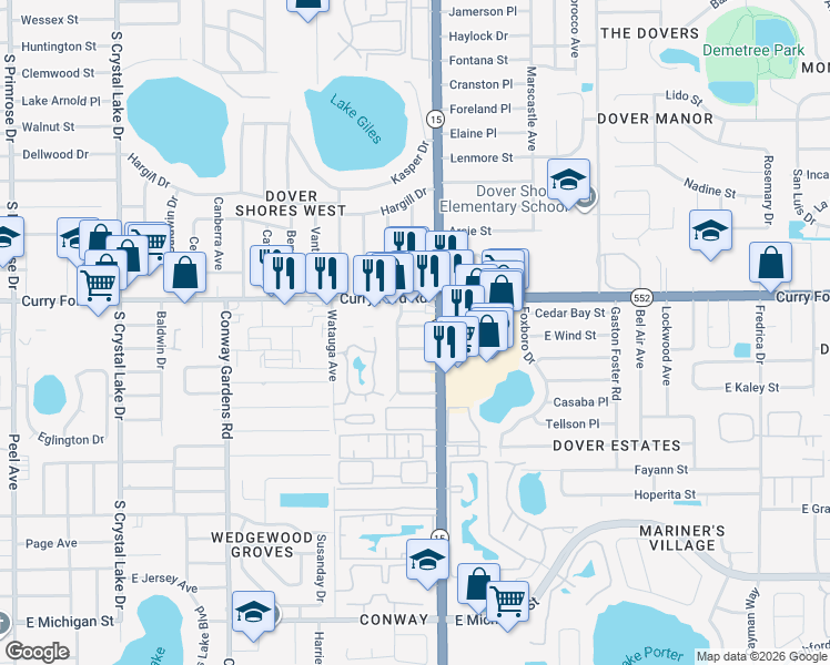 map of restaurants, bars, coffee shops, grocery stores, and more near 4316 Yorkshire Lane in Orlando