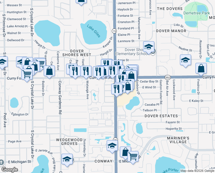 map of restaurants, bars, coffee shops, grocery stores, and more near 4220 Devonshire Lane in Orlando