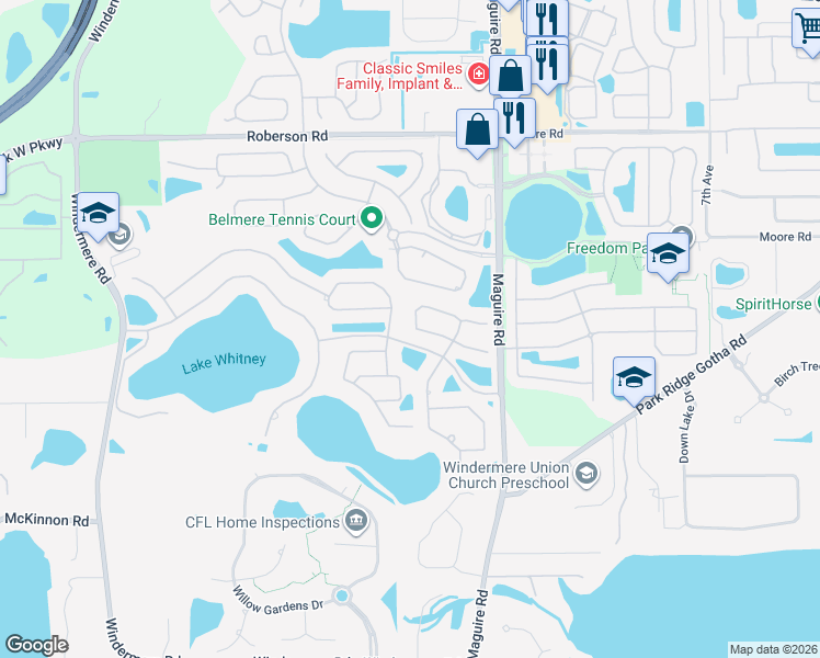 map of restaurants, bars, coffee shops, grocery stores, and more near 1509 Glenheather Drive in Windermere