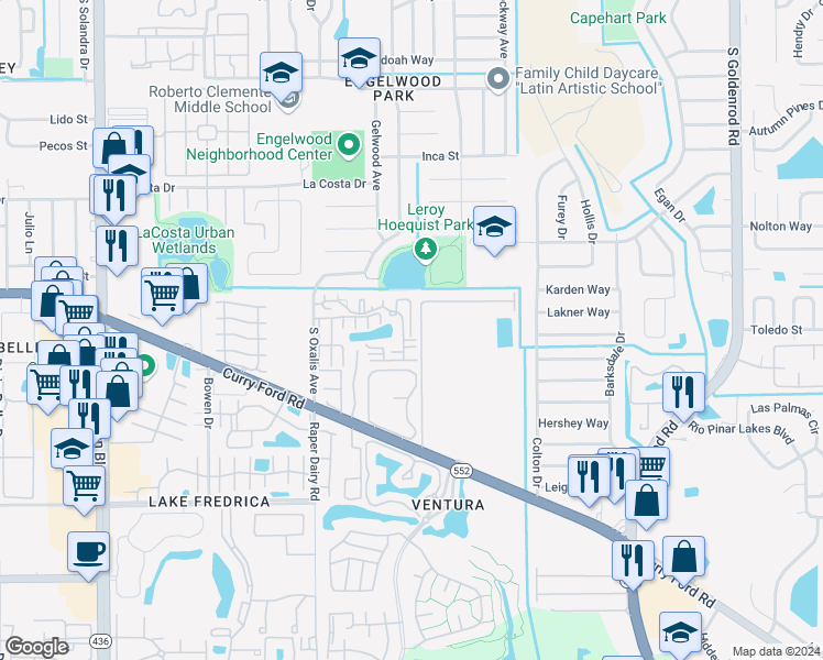 map of restaurants, bars, coffee shops, grocery stores, and more near 6263 Whispering Way in Orlando
