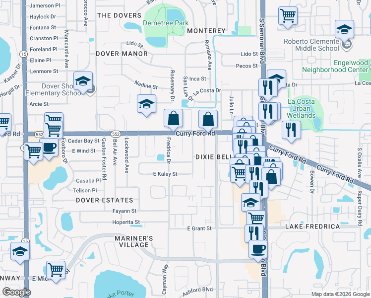 map of restaurants, bars, coffee shops, grocery stores, and more near 1805 Larkin Avenue in Orlando