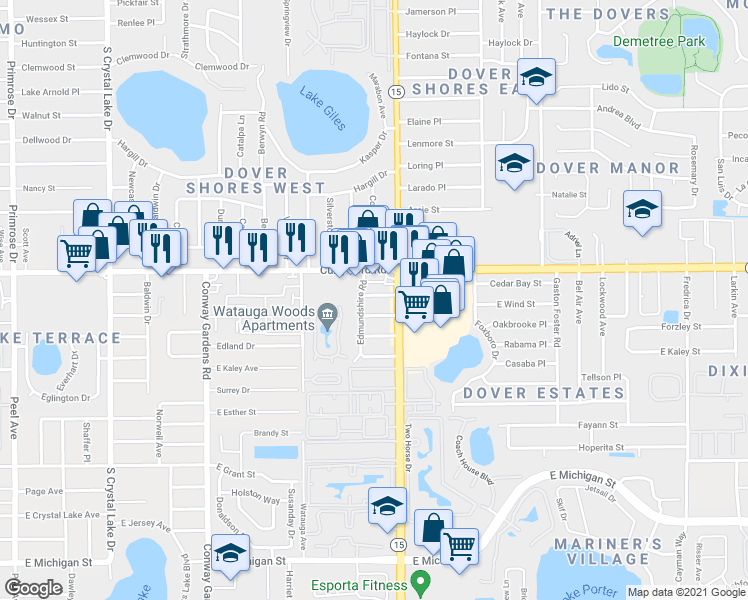map of restaurants, bars, coffee shops, grocery stores, and more near 4316 Yorkshire Lane in Orlando