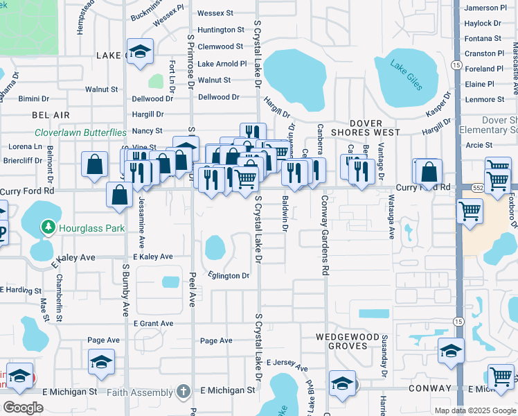 map of restaurants, bars, coffee shops, grocery stores, and more near 1646 South Crystal Lake Drive in Orlando