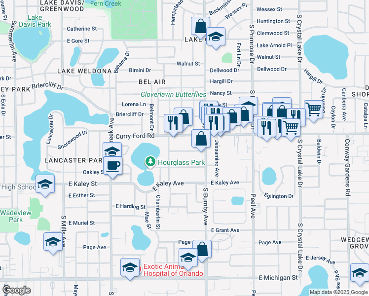 map of restaurants, bars, coffee shops, grocery stores, and more near 2096 Henderson Drive in Orlando