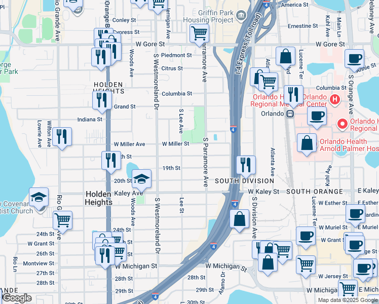 map of restaurants, bars, coffee shops, grocery stores, and more near 722 18th Street in Orlando
