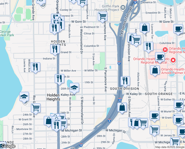 map of restaurants, bars, coffee shops, grocery stores, and more near 904 18th Street in Orlando