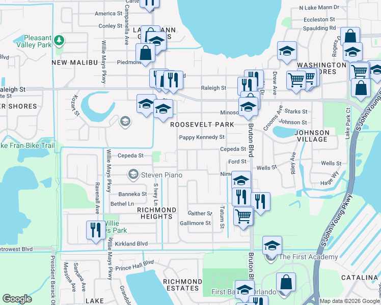 map of restaurants, bars, coffee shops, grocery stores, and more near 1637 Cresthaven Avenue in Orlando