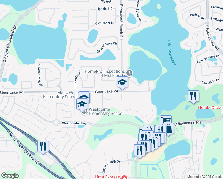map of restaurants, bars, coffee shops, grocery stores, and more near 7736 Rollingridge Court in Orlando