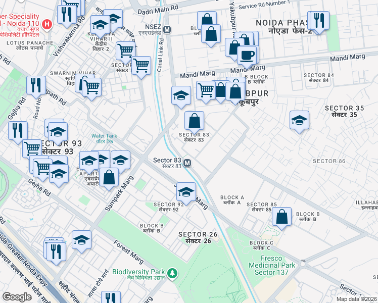 map of restaurants, bars, coffee shops, grocery stores, and more near Noida Greater Noida Express Way in Noida