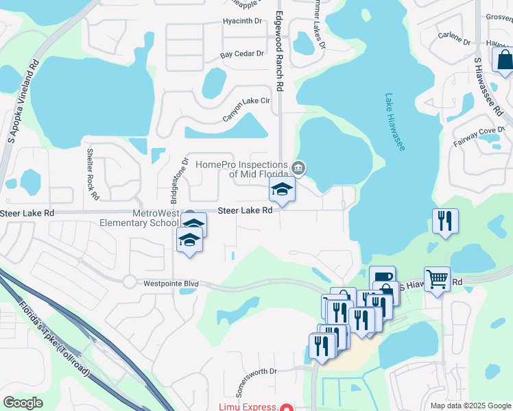 map of restaurants, bars, coffee shops, grocery stores, and more near 7736 Rollingridge Court in Orlando