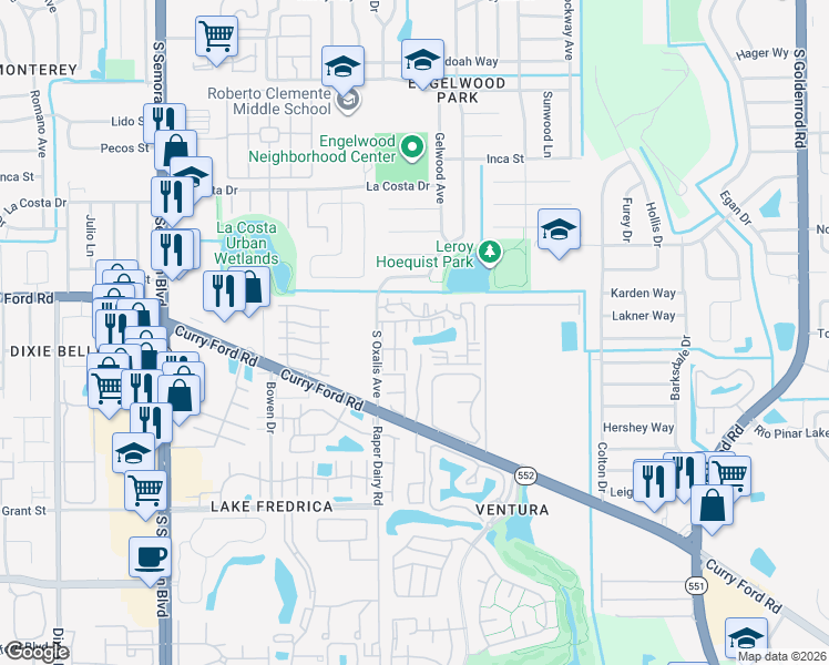 map of restaurants, bars, coffee shops, grocery stores, and more near 6227 Yorktown Drive in Orlando