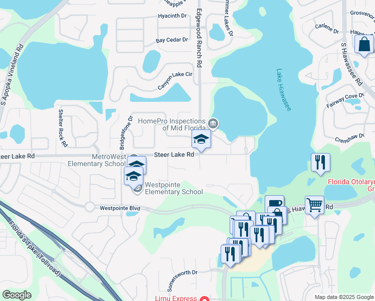 map of restaurants, bars, coffee shops, grocery stores, and more near 7736 Rollingridge Court in Orlando