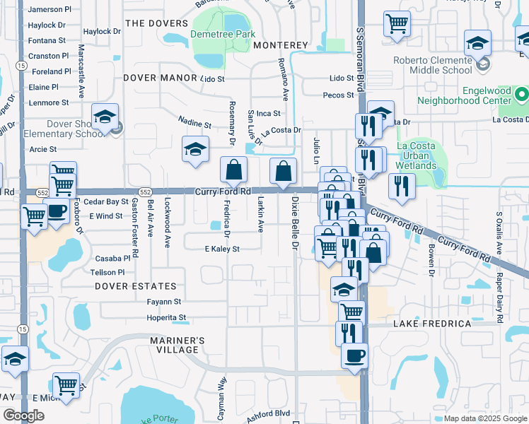 map of restaurants, bars, coffee shops, grocery stores, and more near 1805 Larkin Avenue in Orlando