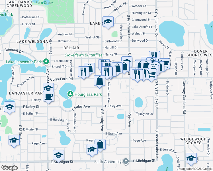 map of restaurants, bars, coffee shops, grocery stores, and more near 1594 Jessamine Avenue in Orlando