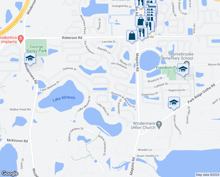 map of restaurants, bars, coffee shops, grocery stores, and more near 1455 Glenheather Drive in Windermere