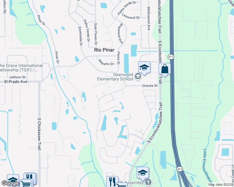 map of restaurants, bars, coffee shops, grocery stores, and more near 1713 Winding Oaks Drive in Orlando