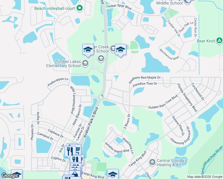 map of restaurants, bars, coffee shops, grocery stores, and more near 14049 Wild Majestic Street in Orlando