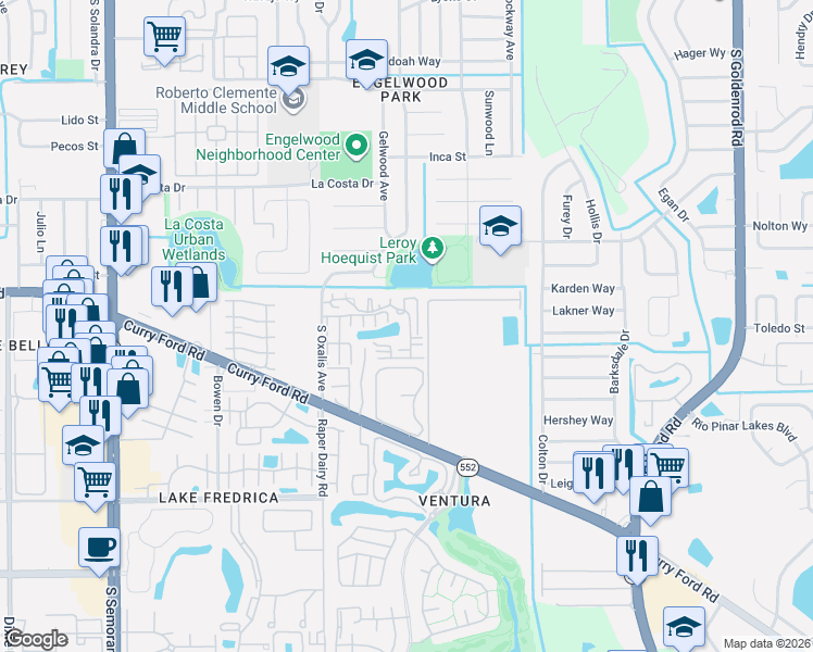 map of restaurants, bars, coffee shops, grocery stores, and more near 6263 Whispering Way in Orlando