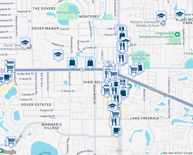 map of restaurants, bars, coffee shops, grocery stores, and more near 5610 Curry Ford Road in Orlando